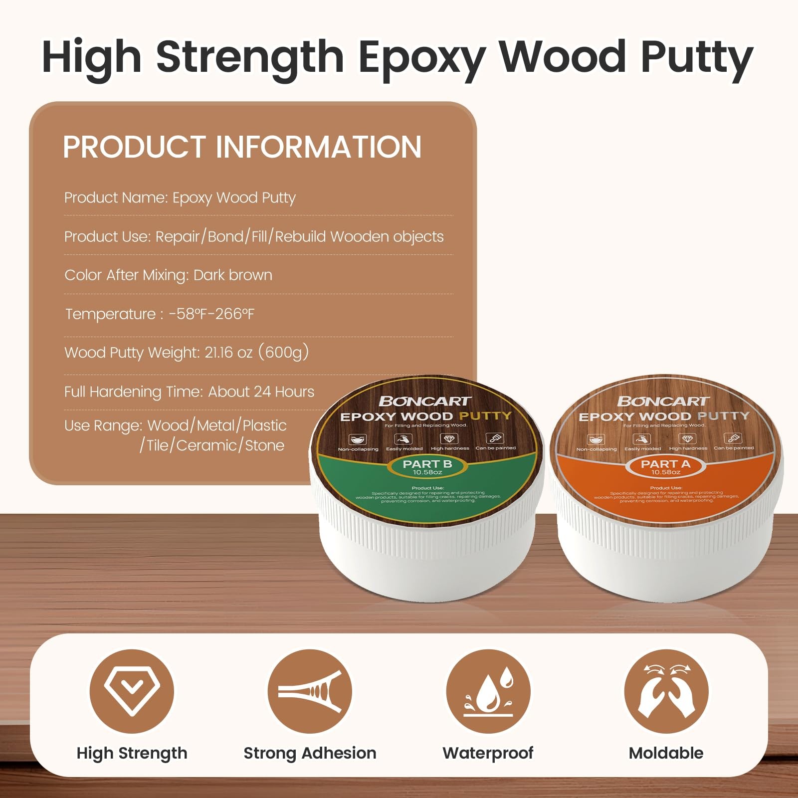 Boncart Epoxy Wood Putty, High Strength Filler Stainable Dark Brown