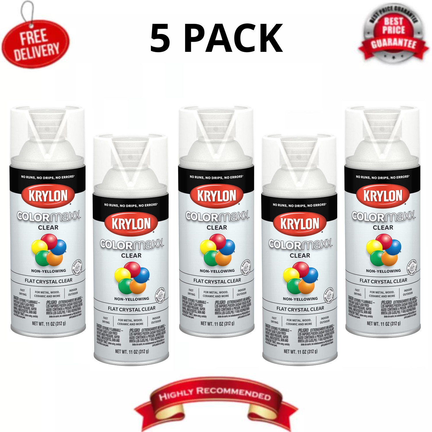 Krylon COLORmaxx Flat Acrylic Spray Paint, Crystal Clear, 11 oz, 5 Pack