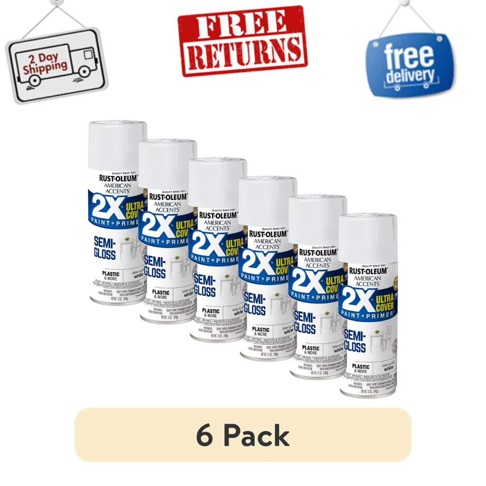 (6 Pack) Rust-Oleum White Semi-Gloss Spray Paint, 2X Ultra Cover 12oz, Fast Dry