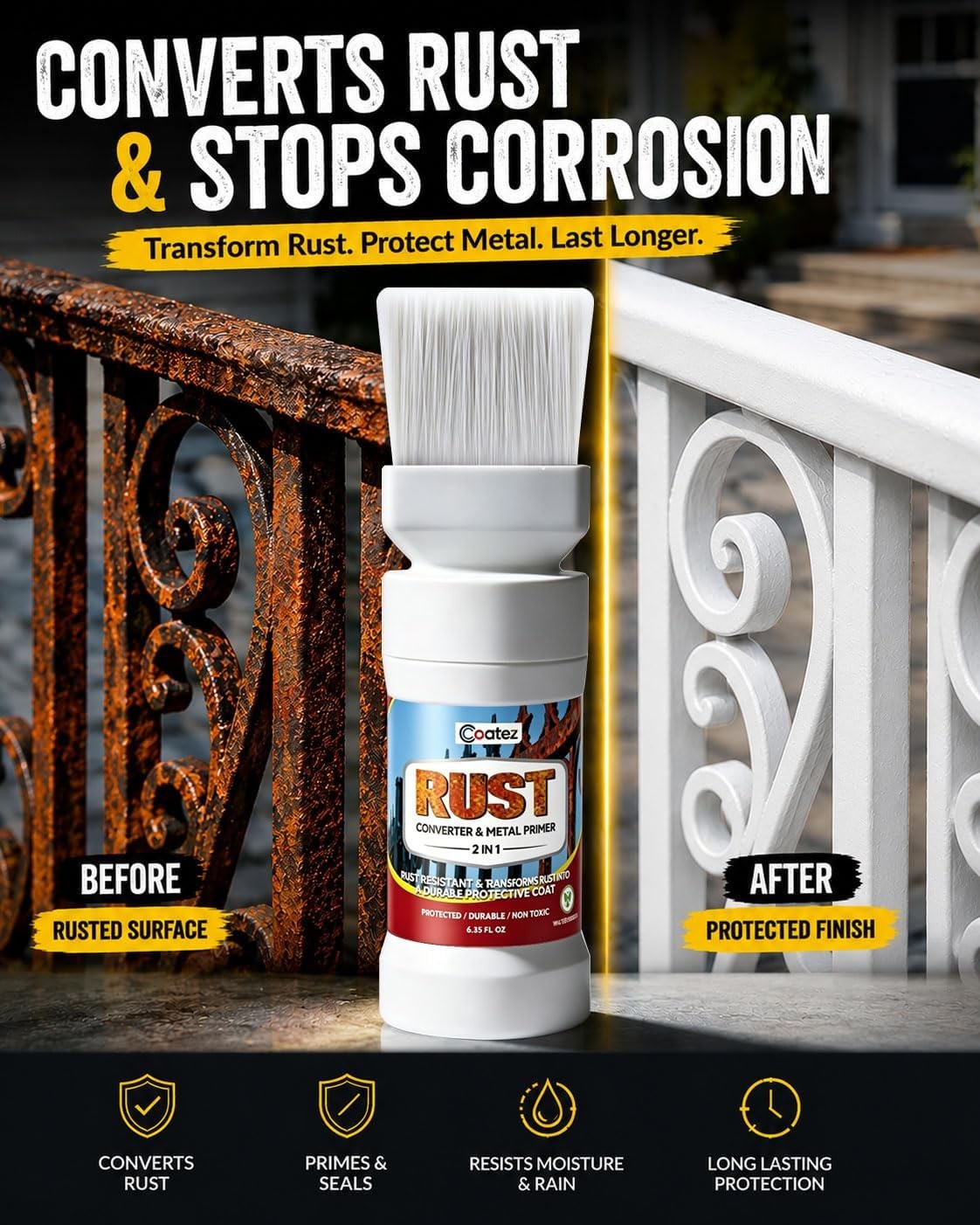 2-in-1 Rust Converter & Metal Primer with Built-In Brush, Water-Based Rust Tr…