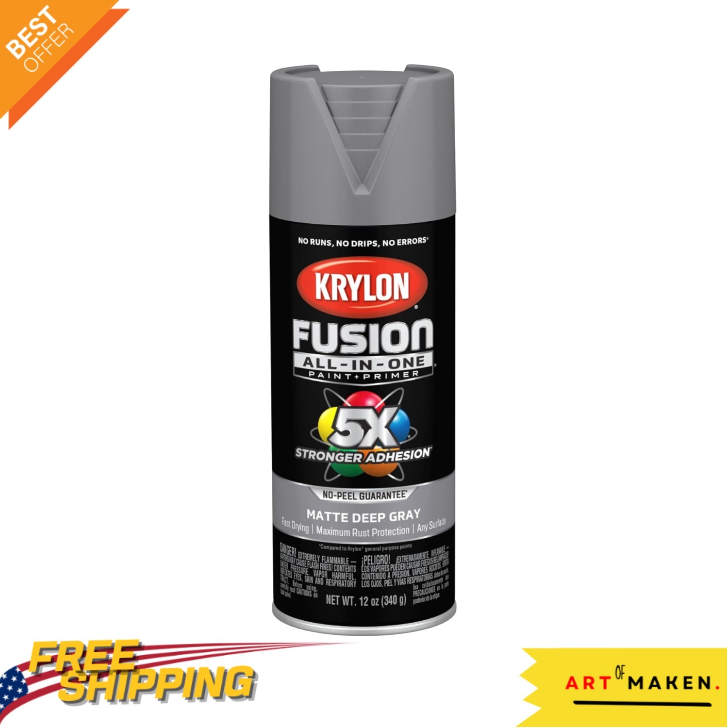 Fusion All-In-One Spray Paint 12 oz – Matte Deep Gray, Fast-Drying & Rust-Res…