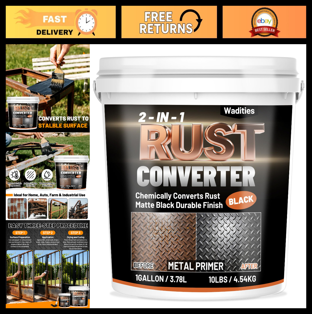 2-in-1 Rust Converter & Metal Primer – 1 Gallon Matte Black Rust Inhibitor Paint