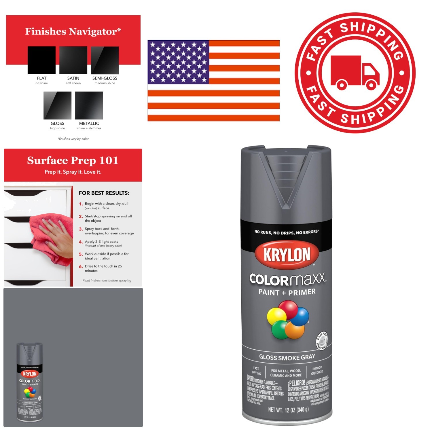 Fast Drying Acrylic Spray Paint 12 Ounce Gloss Smoke Gray Rust Resistant Formula
