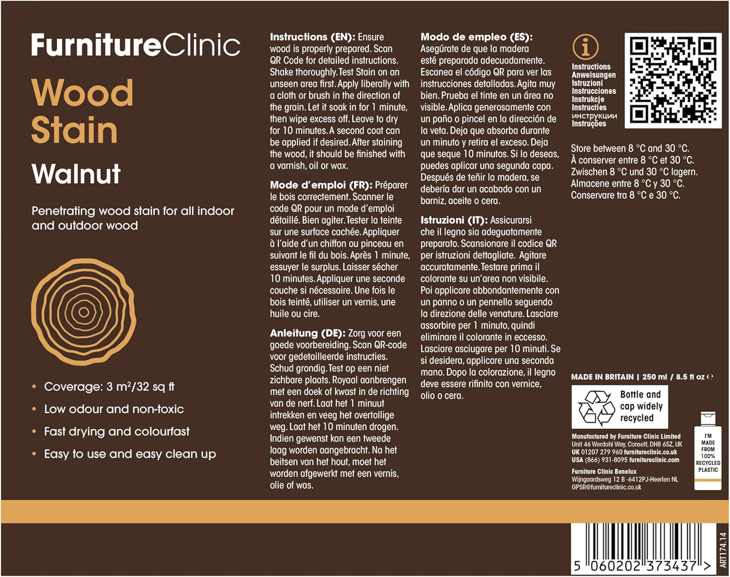 Wood Stain | Walnut | Water Based | Fast Drying, Low Odor, & Non-Toxic | for Ind