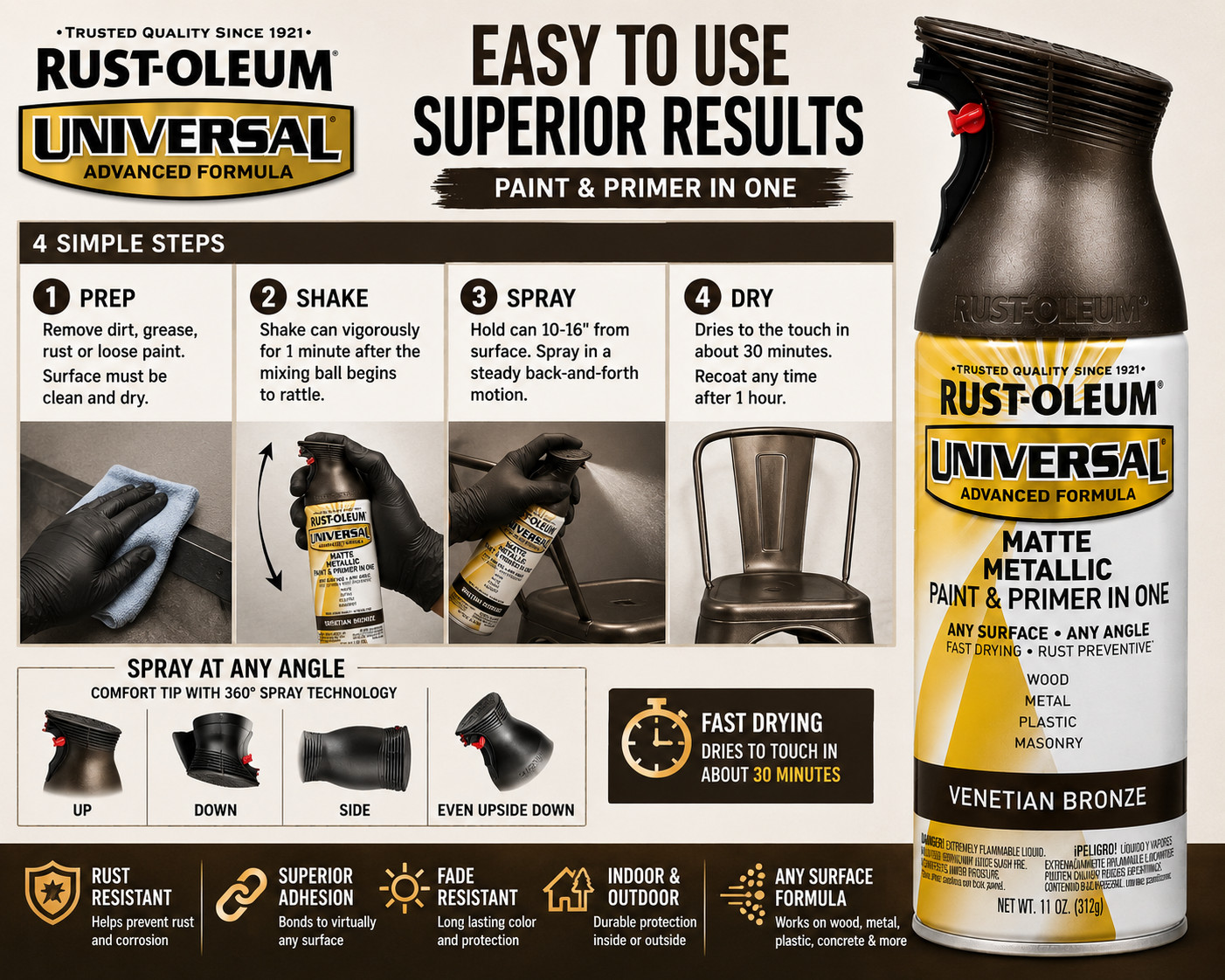 Rust-Oleum Universal Spray Paint Venetian Bronze Matte Metallic Paint Primer