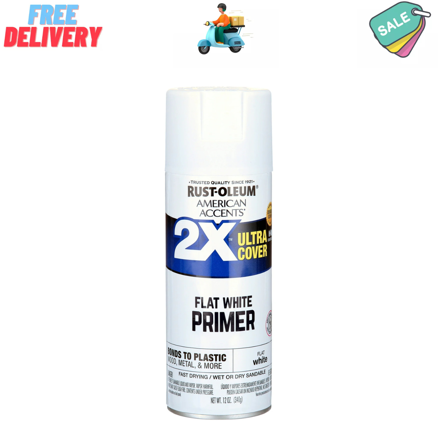 White Primer, Rust-Oleum American Accents 2X Ultra Cover Flat Spray Paint-12 oz