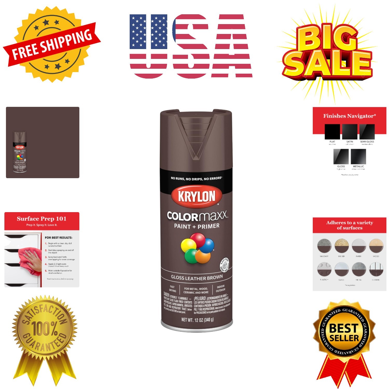 K0007 COLORmaxx Spray Paint and Primer for Indoor/Outdoor Use, Gloss Leather …