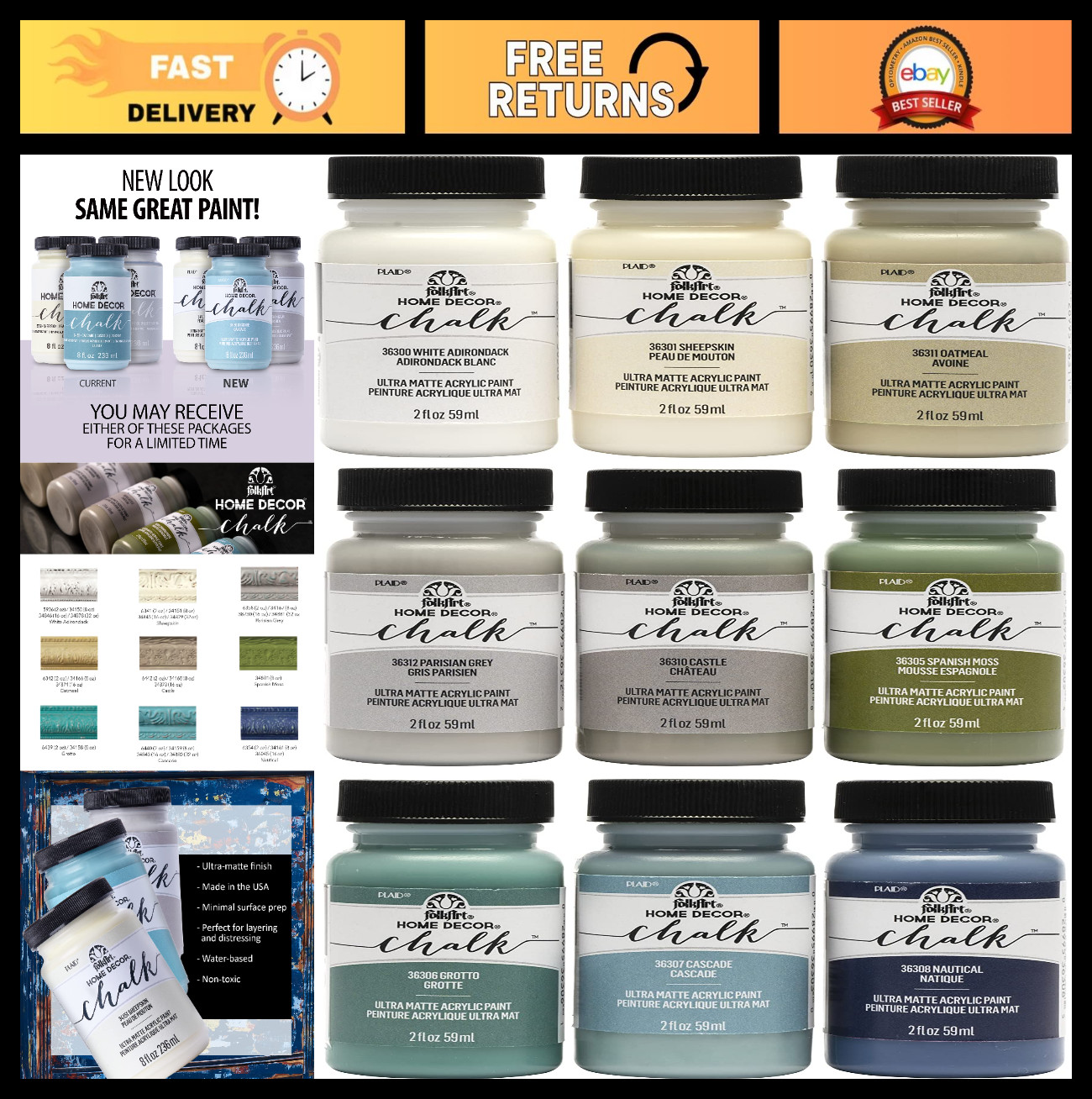 Chalk Finish Paint Set for Home Décor – 2 Ounce Bottles, DIY Craft Supplies