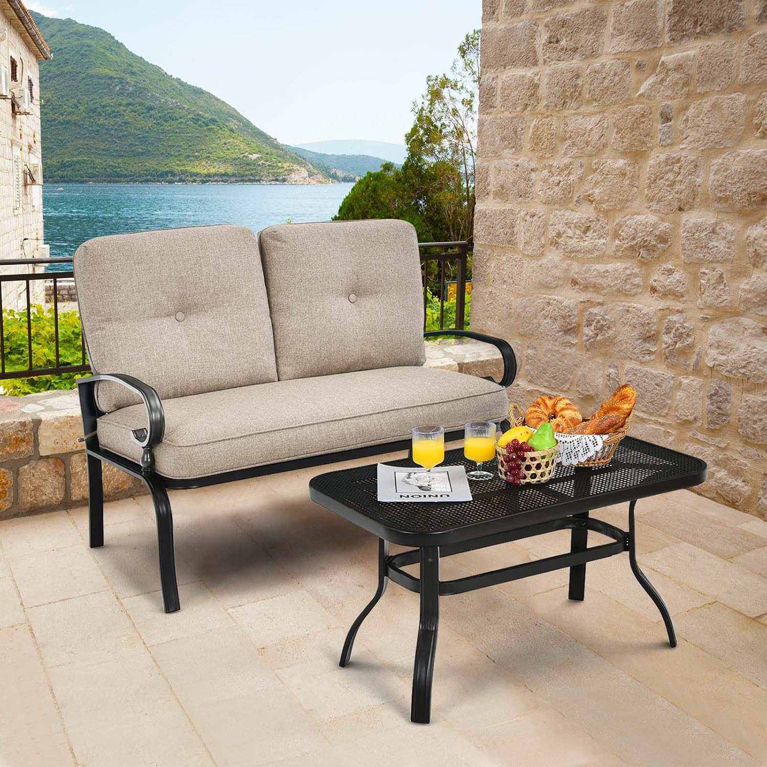 Patio Loveseat with Table Set, 2 Seat Cushioned Sofa with Coffee Table, Patio Co