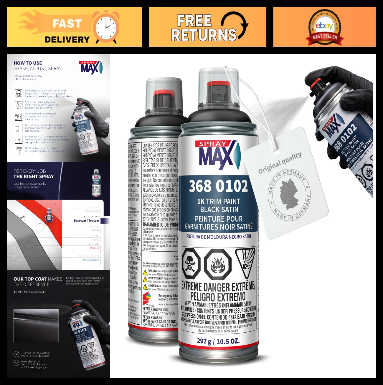 Black Satin Spray Paint – 10.5 oz Fast-Drying Trim Paint for Plastic, Metal & Au