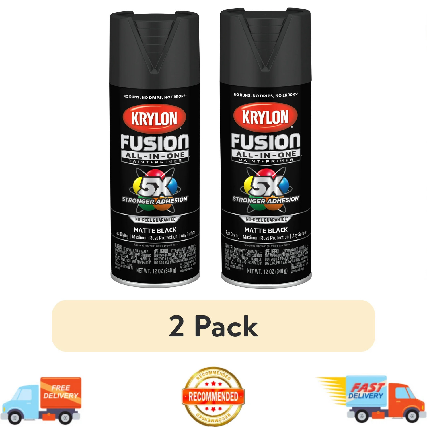 (2 Pack) Krylon Fusion All-In-One Black Matte 12 oz Spray Paint, Multi-Surface