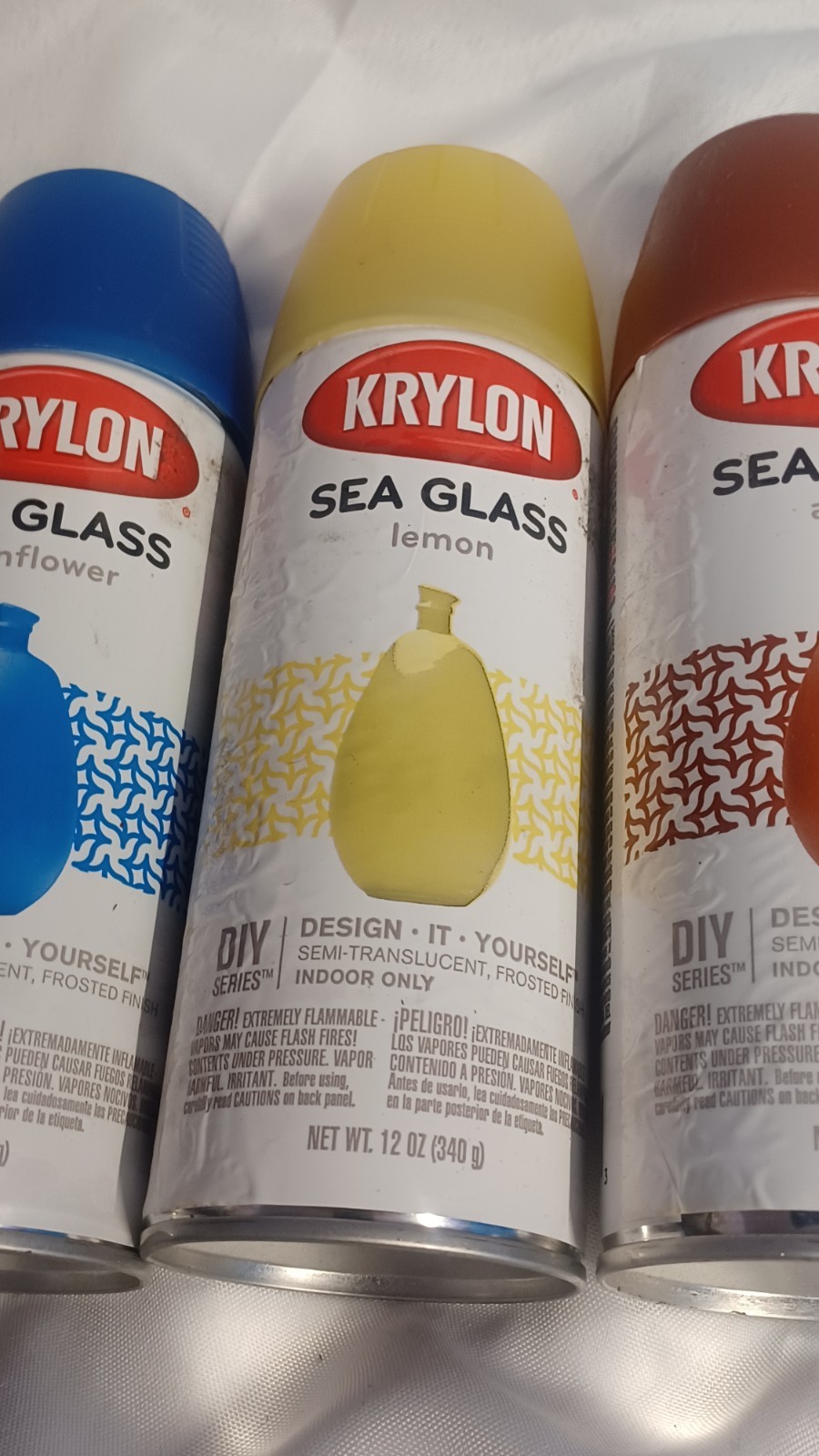 Krylon Sea Glass Spray Paint Lot Lemon (x2) Cornflower (x 1) Amber (x 3/4 READ
