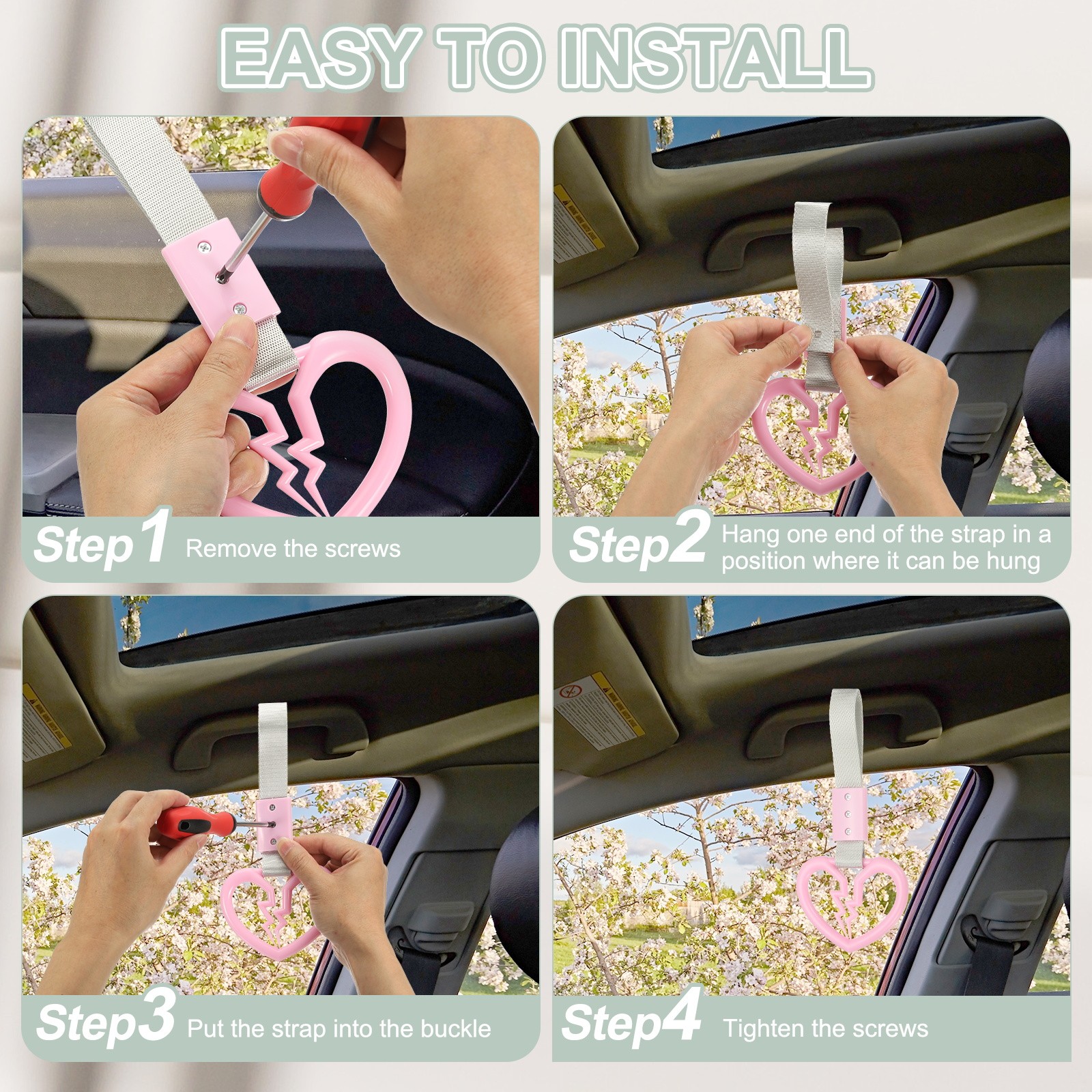 2Pcs Broken Heart Shaped Car Handle Straps for Auto, Pink