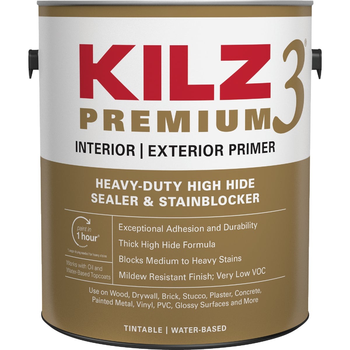 KILZ 3 Premium Water-Base Interior/Exterior Sealer Stain Blocking Primer, White,