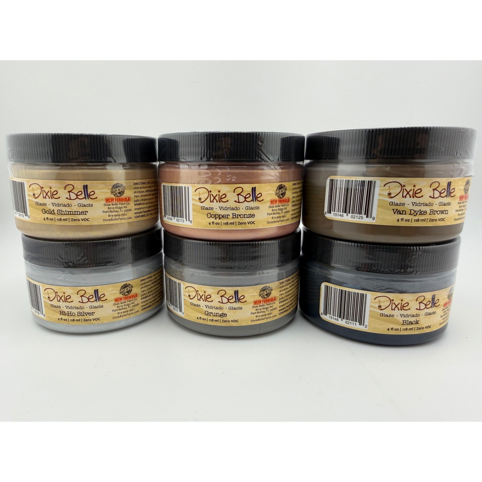 Dixie Belle Glaze 4oz, 6 Types: Gold, Copper Bronze, Silver, Grunge, Black