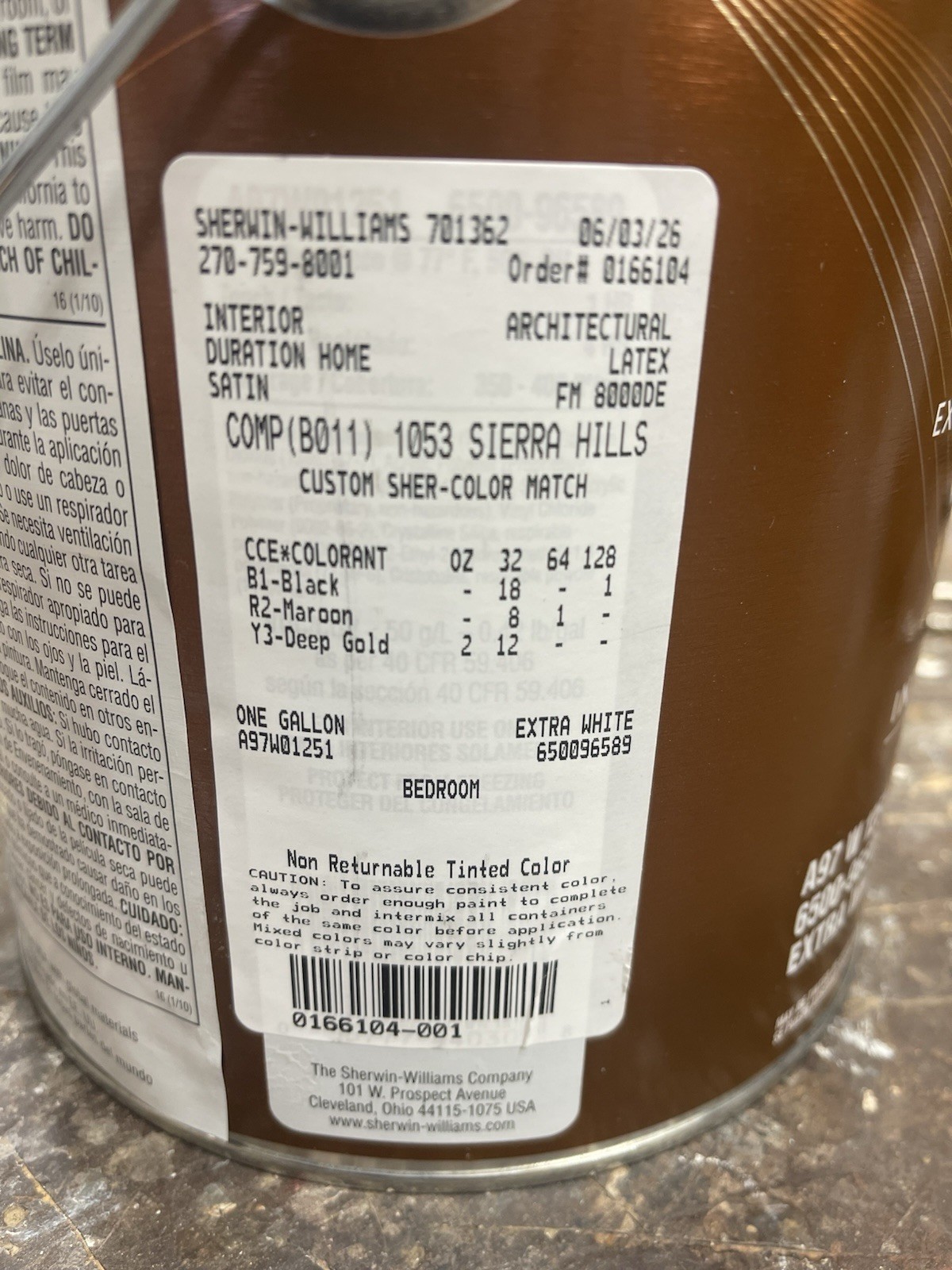 1 Gallon Sherwin Williams Duration Interior Satin Paint/Custom Sierra Hills Tan