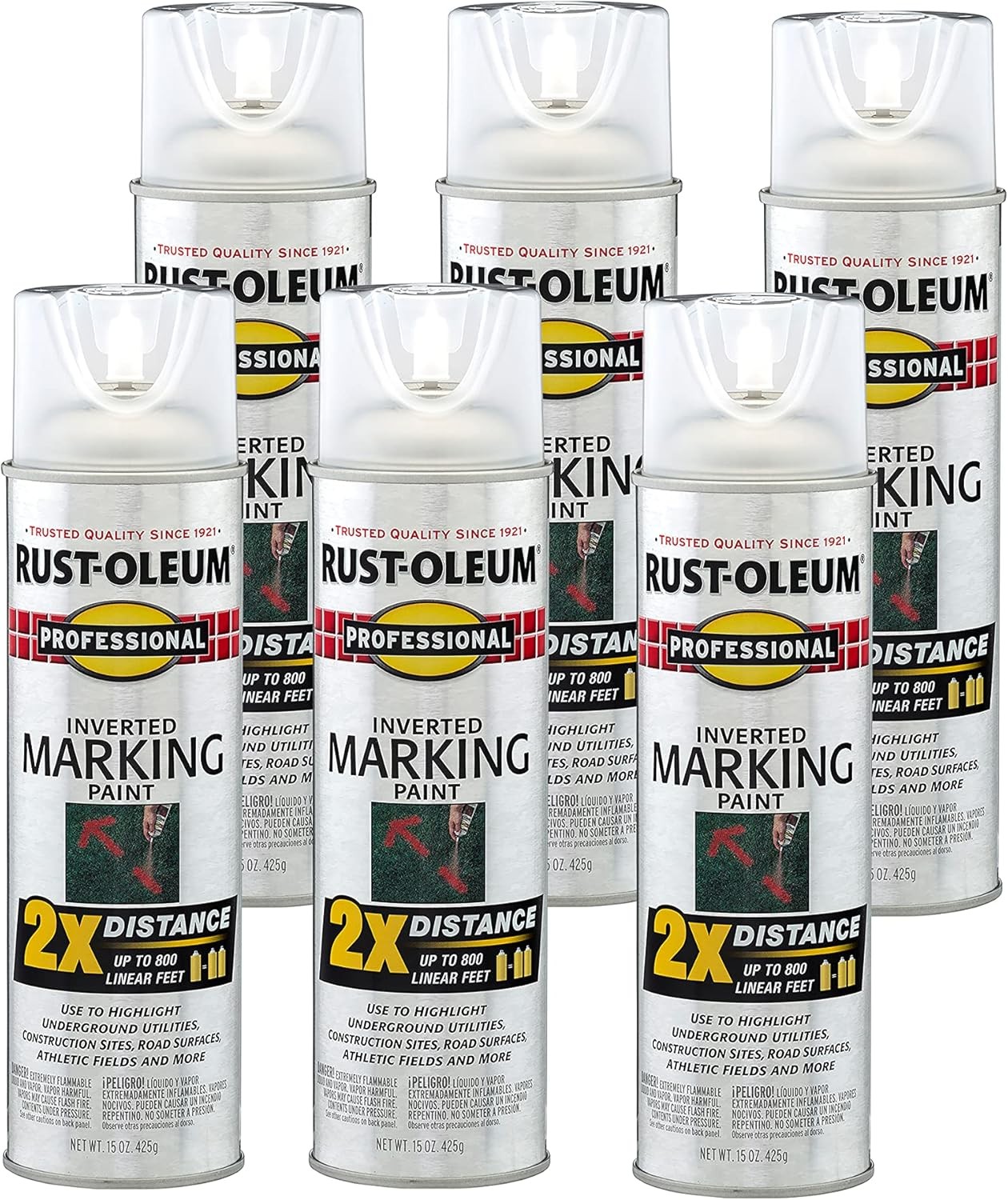 Professional 2X Distance Inverted Marking Spray Paint, 15 oz, White, 6 Pack