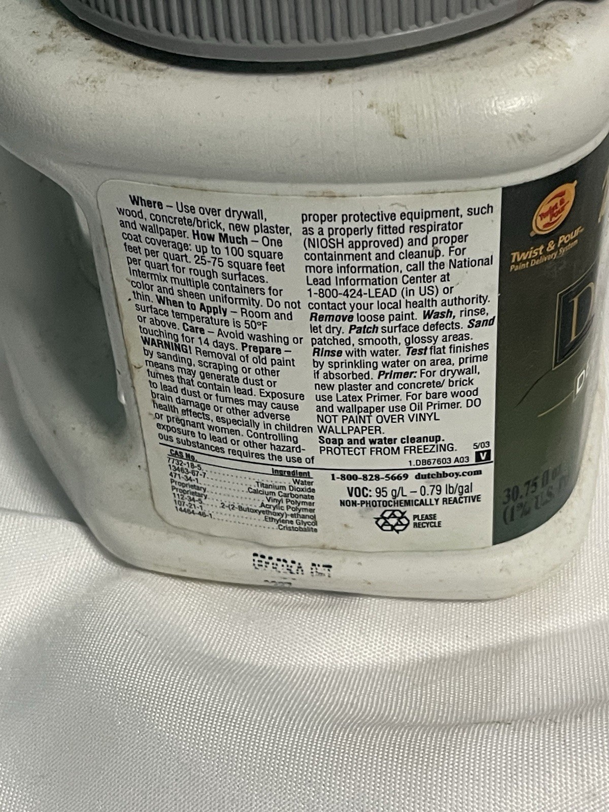 DUTCH BOY PAINT dimensions Satin Designer WHITE 123 FL OZ