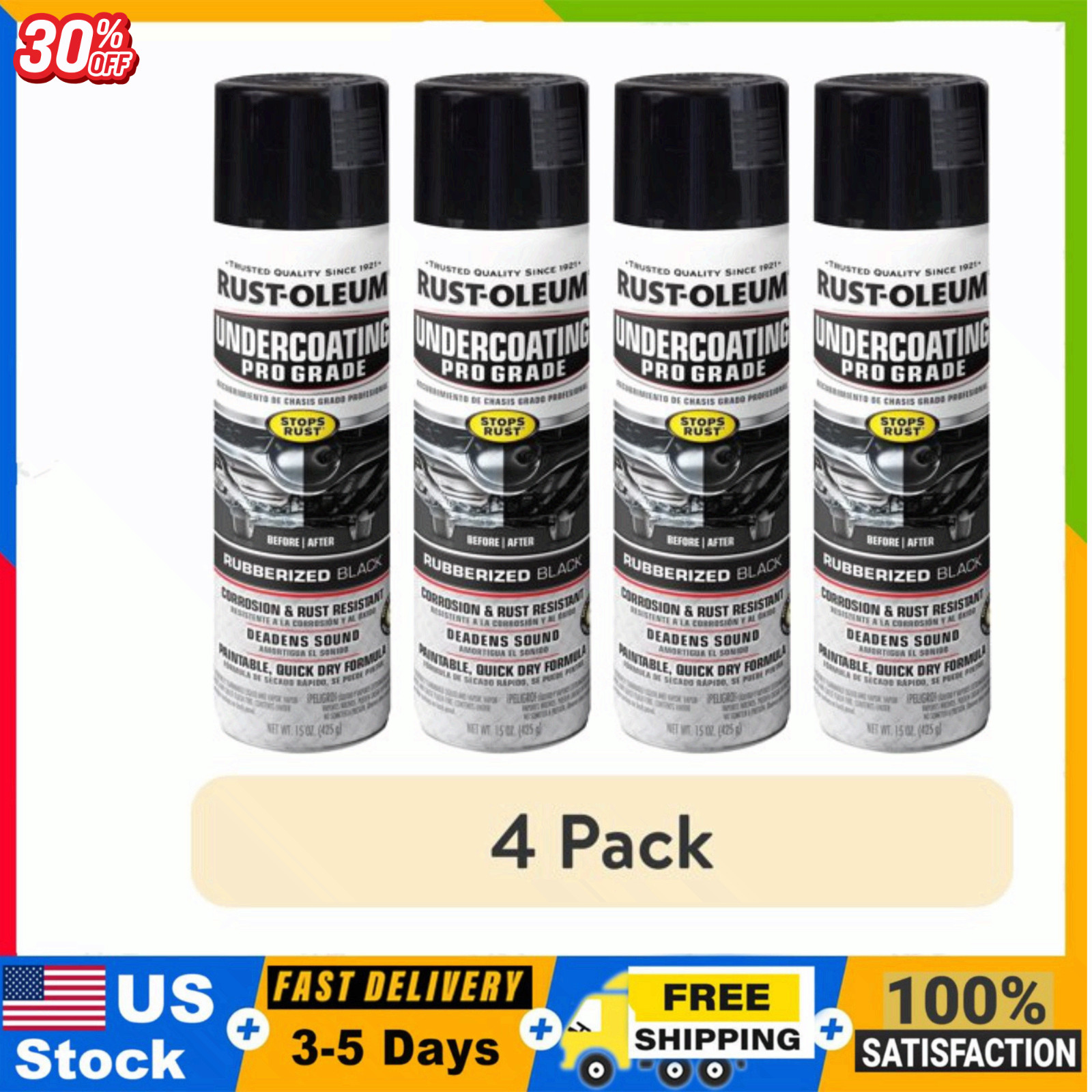 4 PACK Rust-Oleum Automotive Rubberized Undercoating Matte Spray Paint, Black