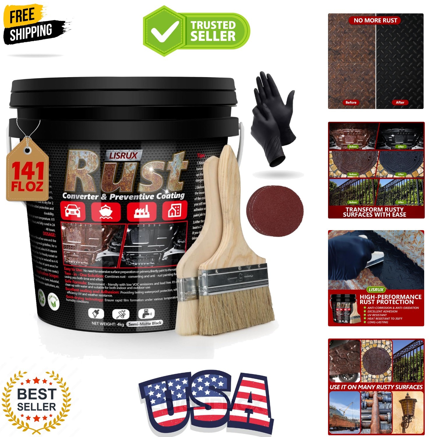 Rust Converter & Metal Primer, 141 Fl Oz Black Rust Inhibitor Paint for Metal…