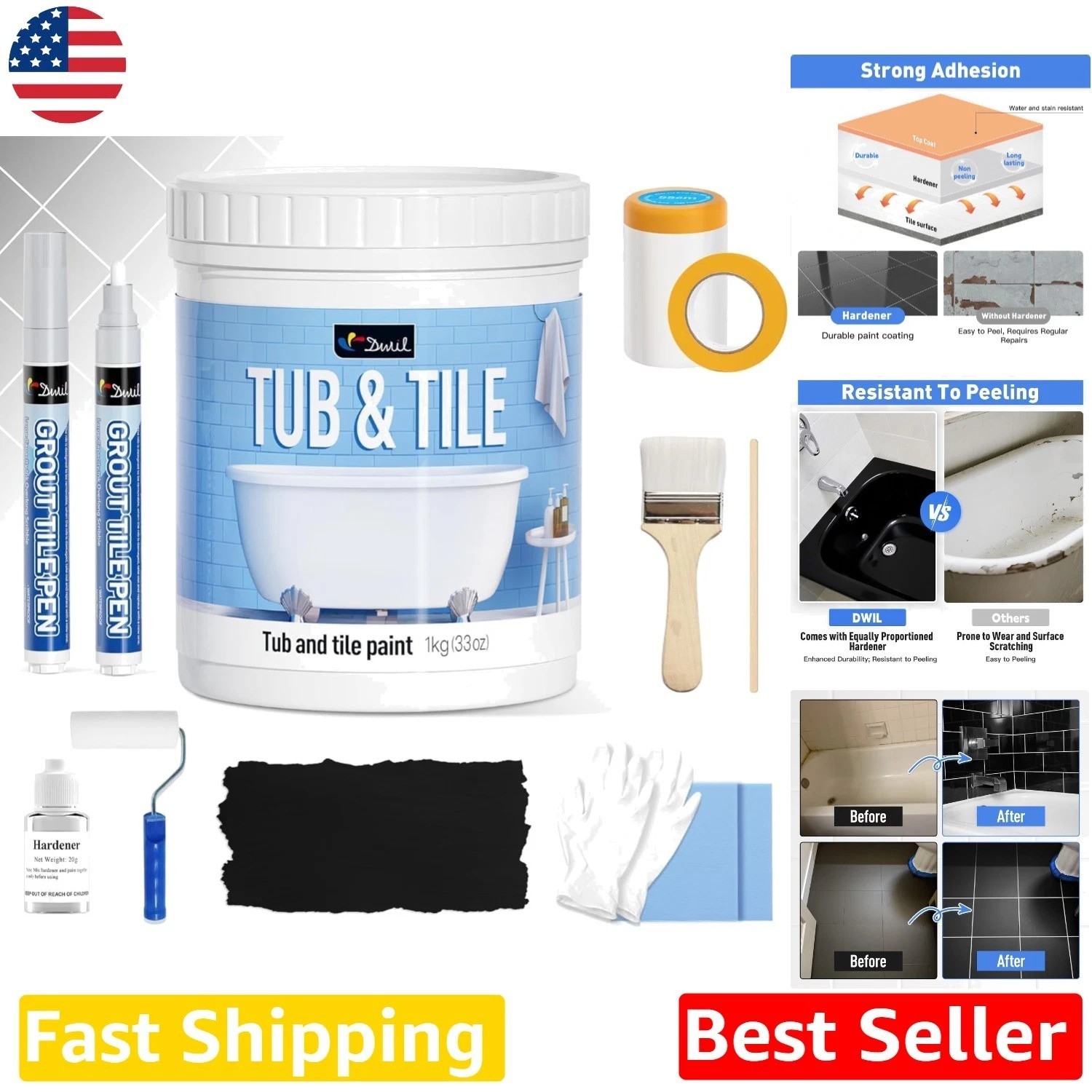 Tub Paint Refinishing Kit 33oz Black Semi-Gloss | Waterproof Durable Easy Clean
