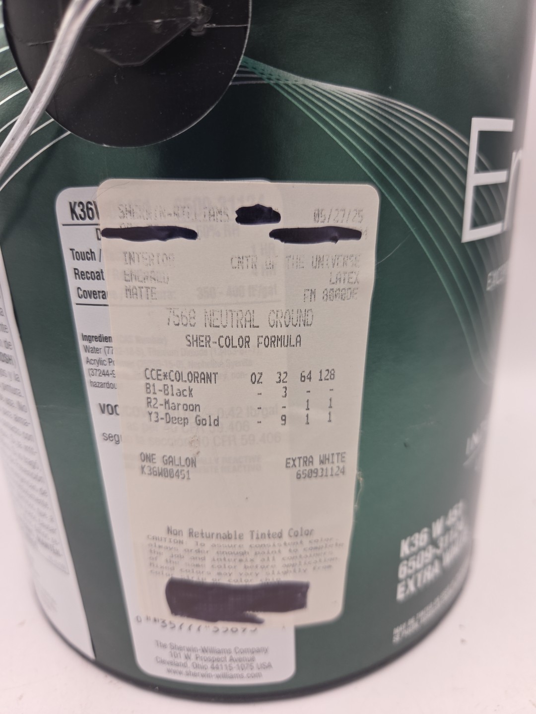 1 Gallon Sherwin Williams Emerald Interior Matte Color 7568 Neutral Ground
