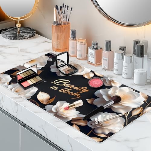 Dual-Sided Synthetic Leather Decorative Makeup Mat for Crafting, White Camellia
