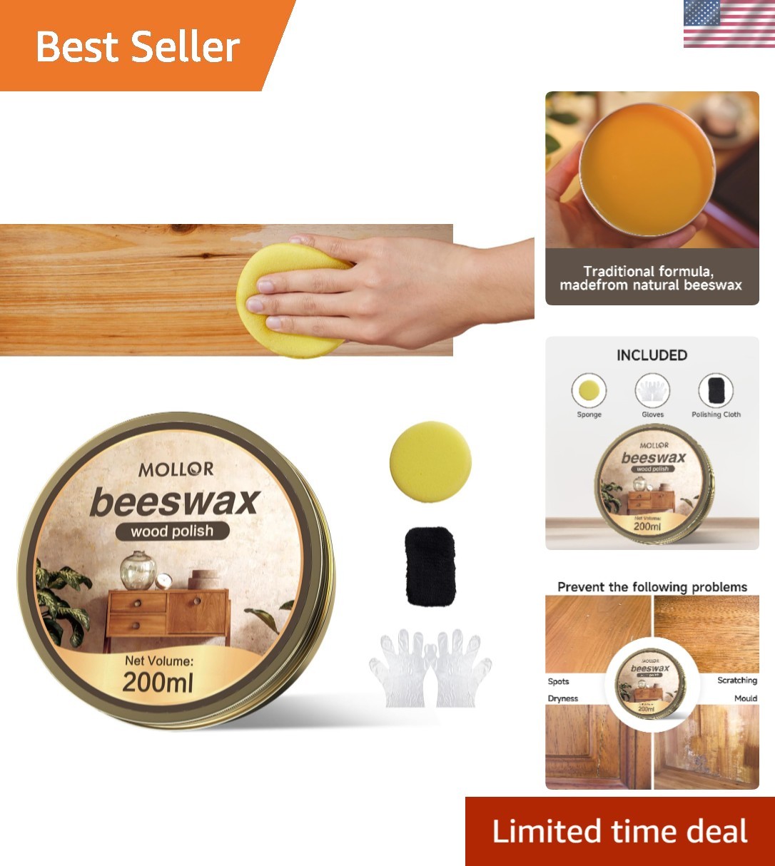 Multipurpose Beeswax Polish – 200g Wood Conditioner with Sponge & Scraper