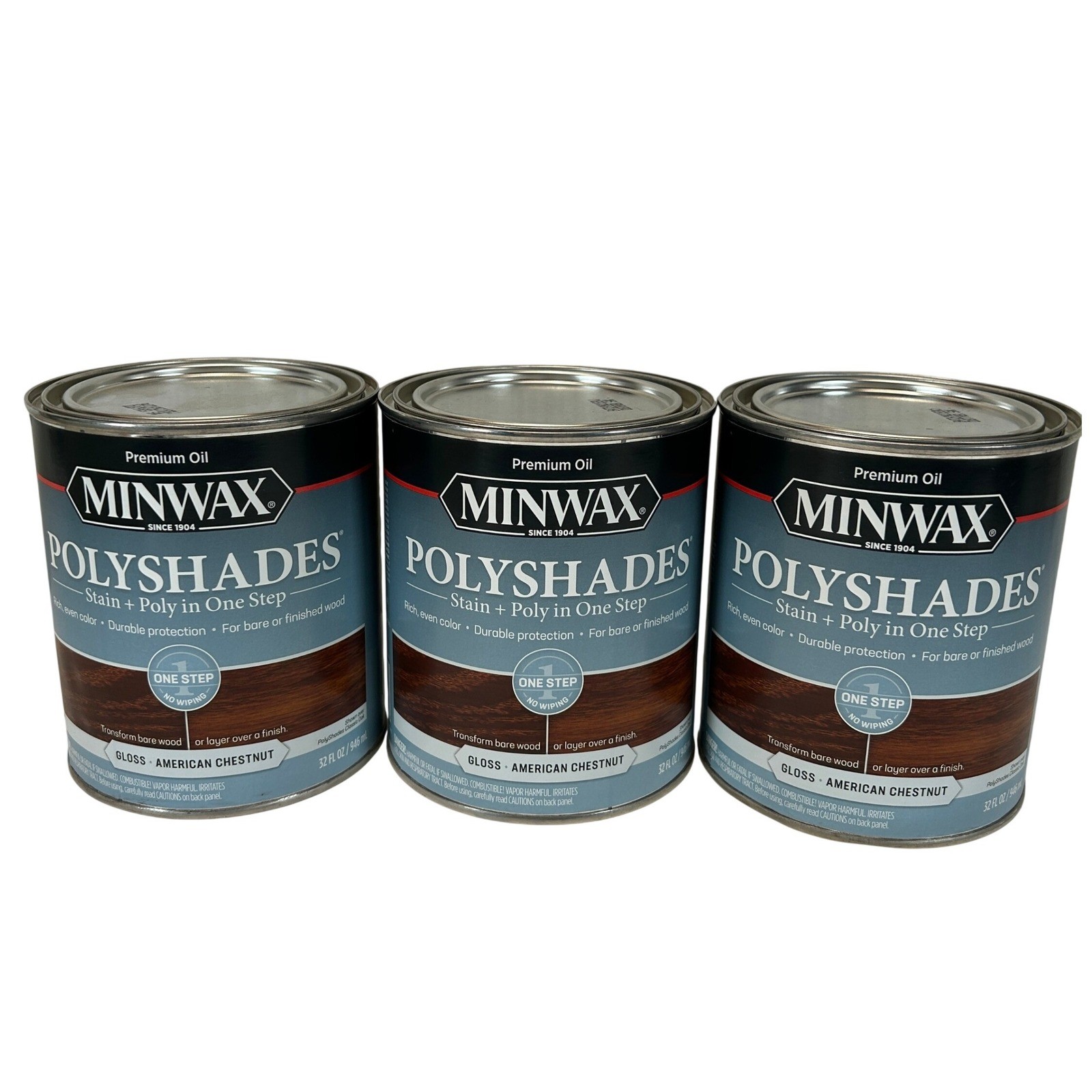 Lot of 3 Minwax PolyShades American Chestnut Gloss Oil Stain & Poly 32oz Cans