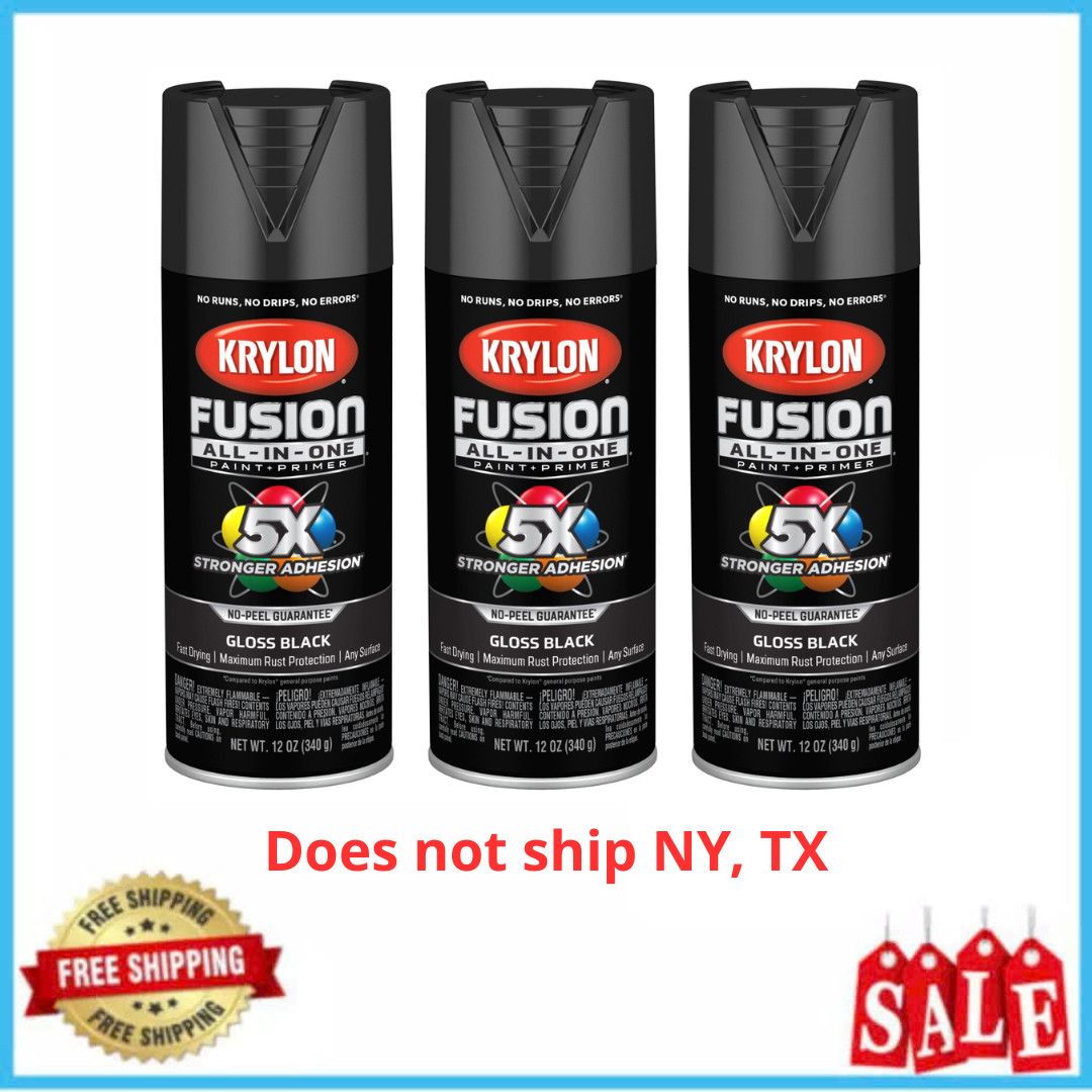 3 Pack Krylon Fusion All-In-One Spray Paint, Gloss Black, 12 oz, Multi-Surface