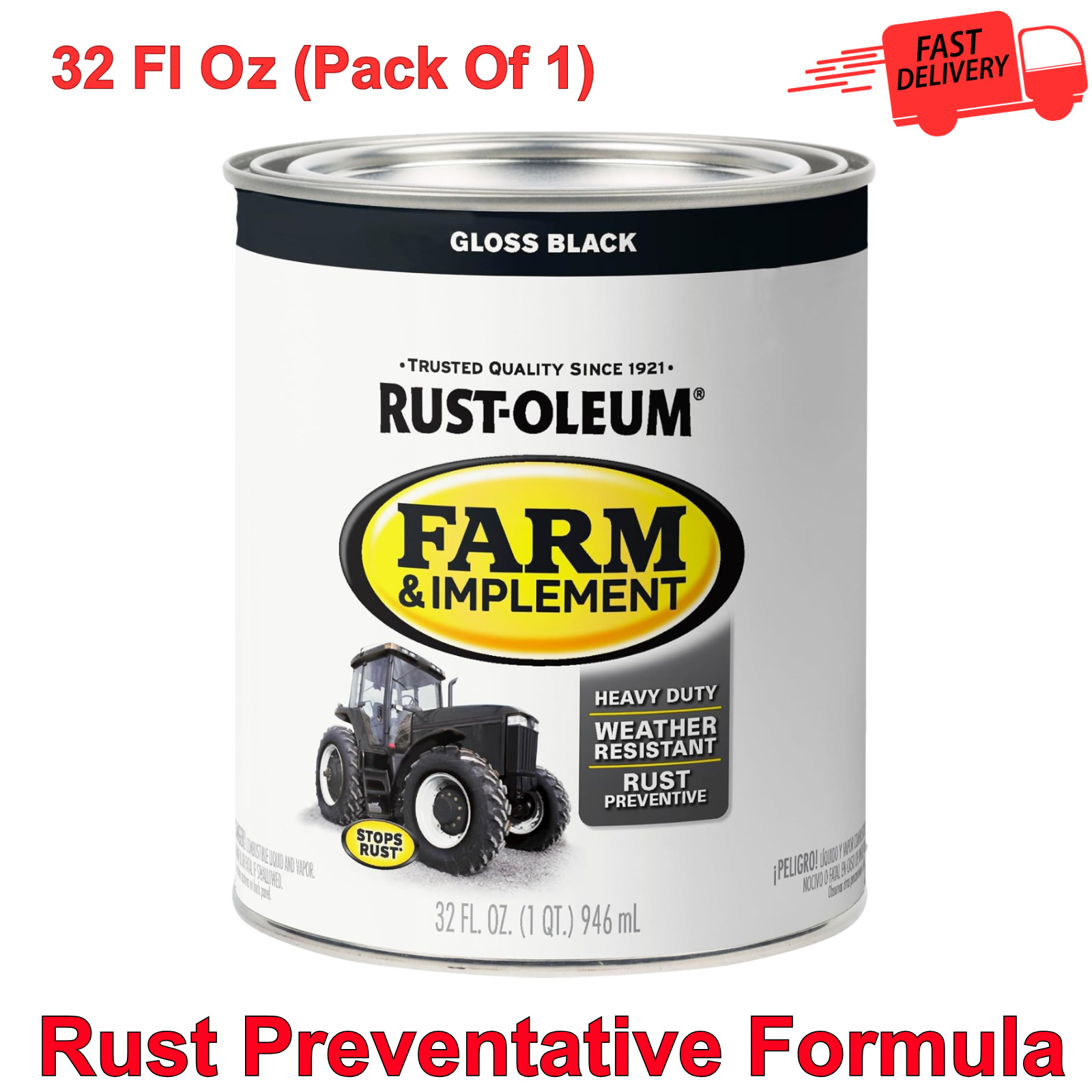 Farm and Implement Enamel Paint – 1 Quart, Gloss Black, Heavy Duty Tractor Paint