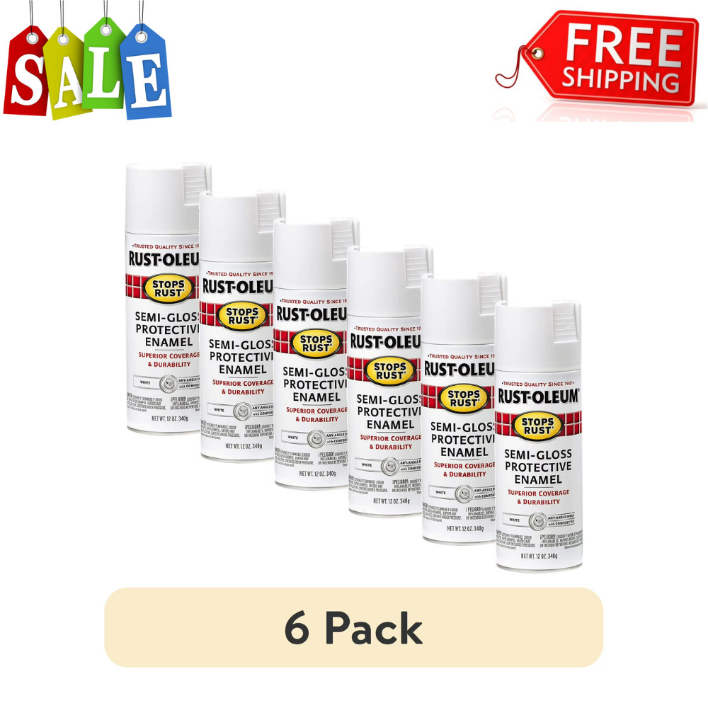 Rust-Oleum Stops Rust, Semi-Gloss White Spray Paint, Protective Enamel 12oz, 6pk