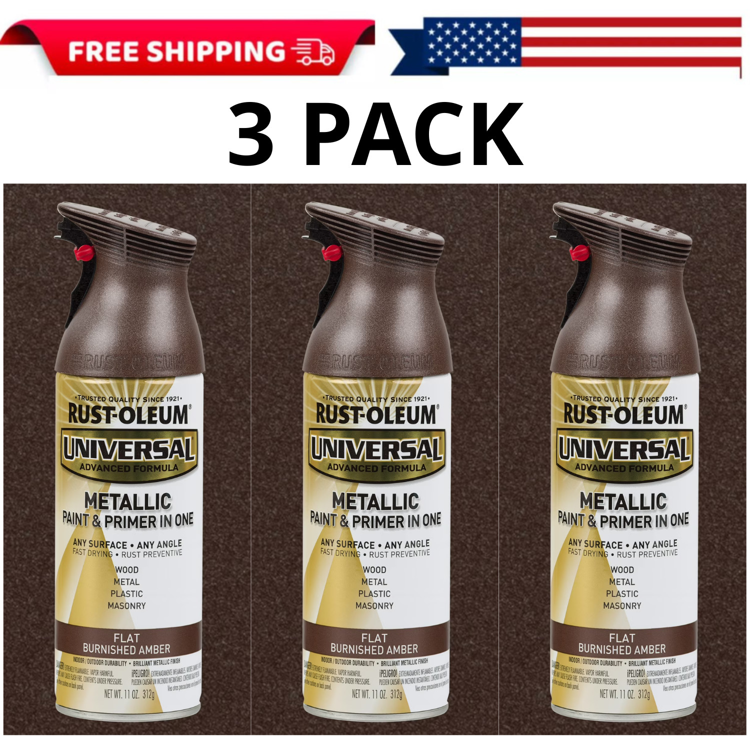 Rust-Oleum Universal All Surface Metallic Spray Paint Burnished Amber 11 oz, 3PK