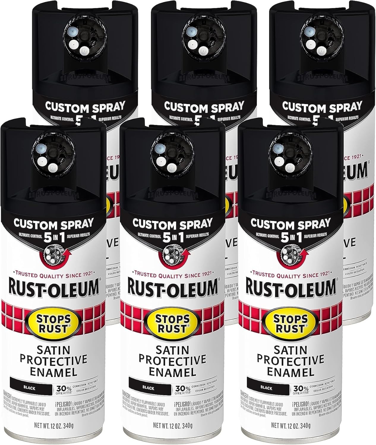 Rust-Oleum Stops Rust Custom 5-in-1 Spray Paint Satin Black 12oz (Pack of 6)