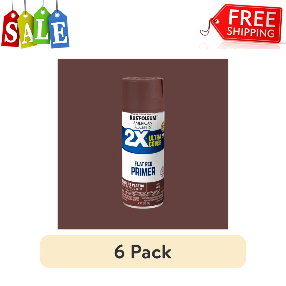 Rust-Oleum Red Primer Spray Paint 2X Ultra Cover Flat 12 oz, Wood/Metal, 6 Pack