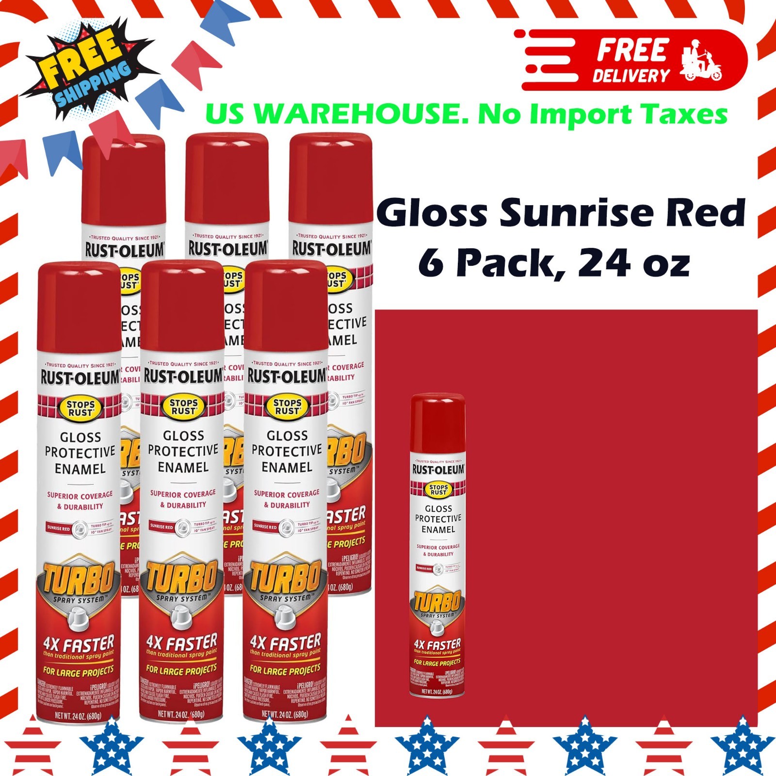 Rust-Oleum 393375-6PK Stops Rust Turbo Spray Paint, Gloss Sunrise Red, 6 Pack