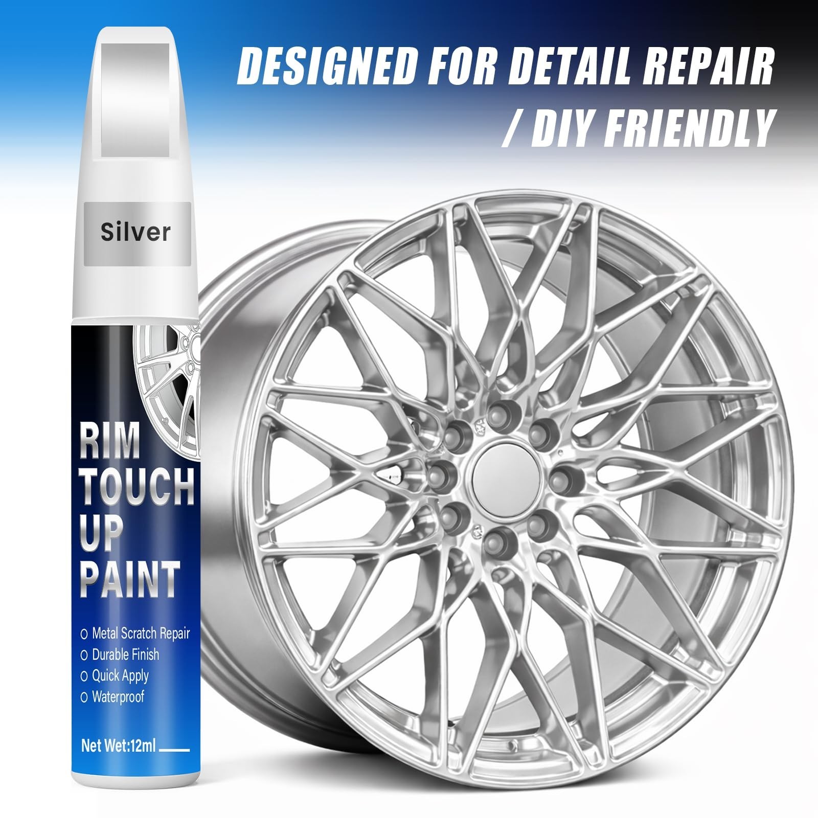 Universal Silver Rim Touch Up Paint – 2-in-1 Brush & Tip, 0.4 fl oz, Quick-Dry C