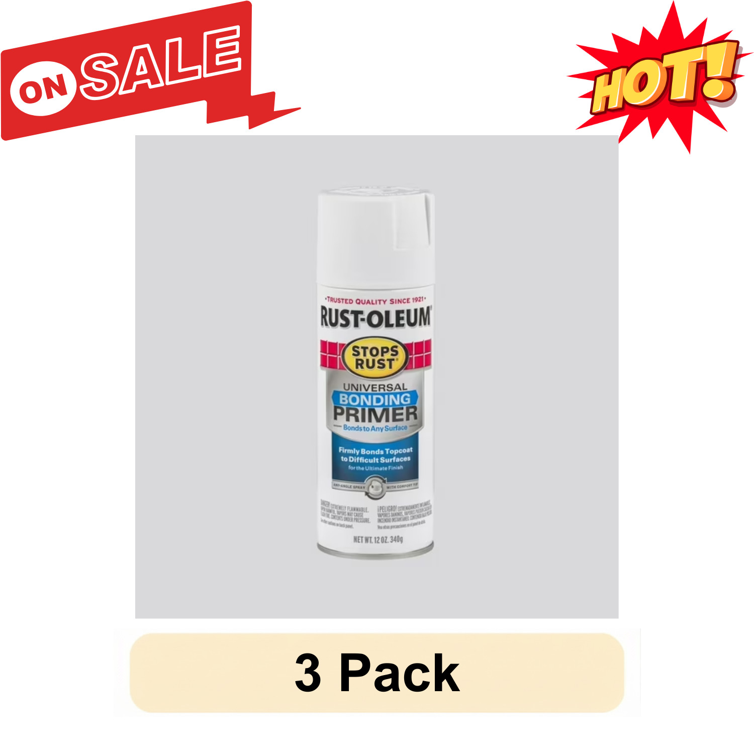 3 Pack Rust-Oleum Stops Rust Universal Bonding Primer Spray White 12 oz
