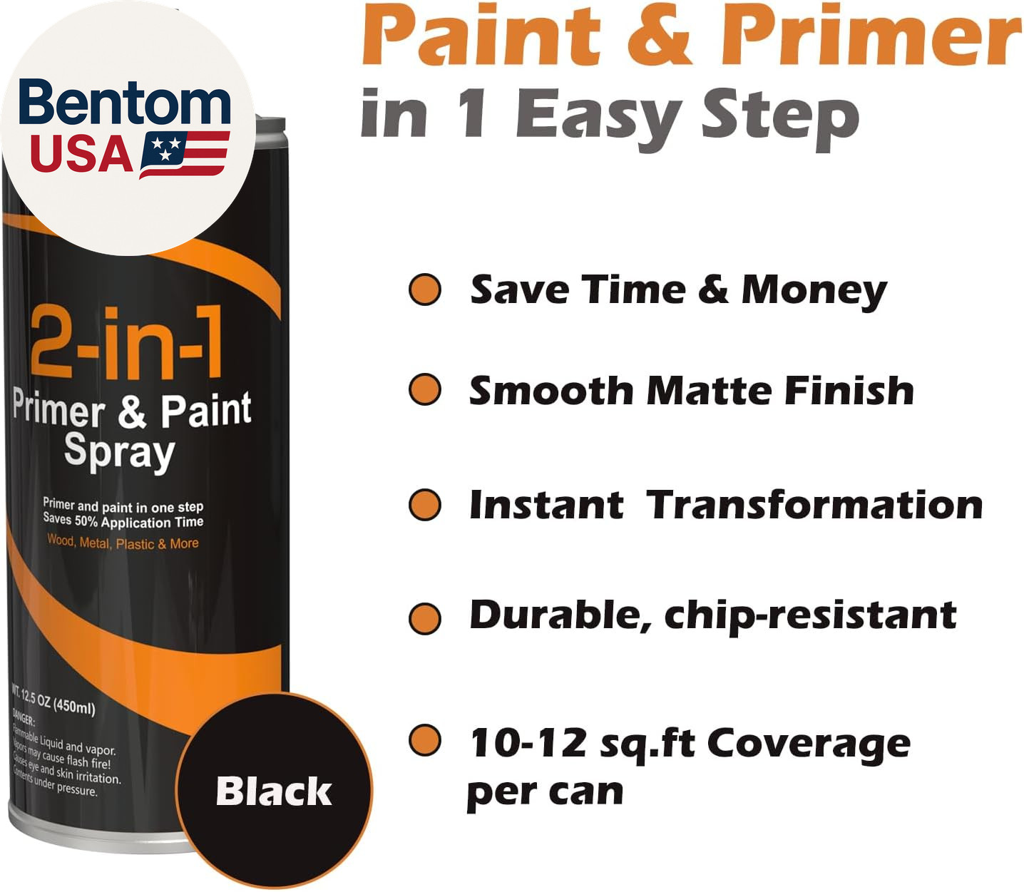 Paint and Primer in One Spray, Matte Black Finish – Quick Drying, Multi-Surface