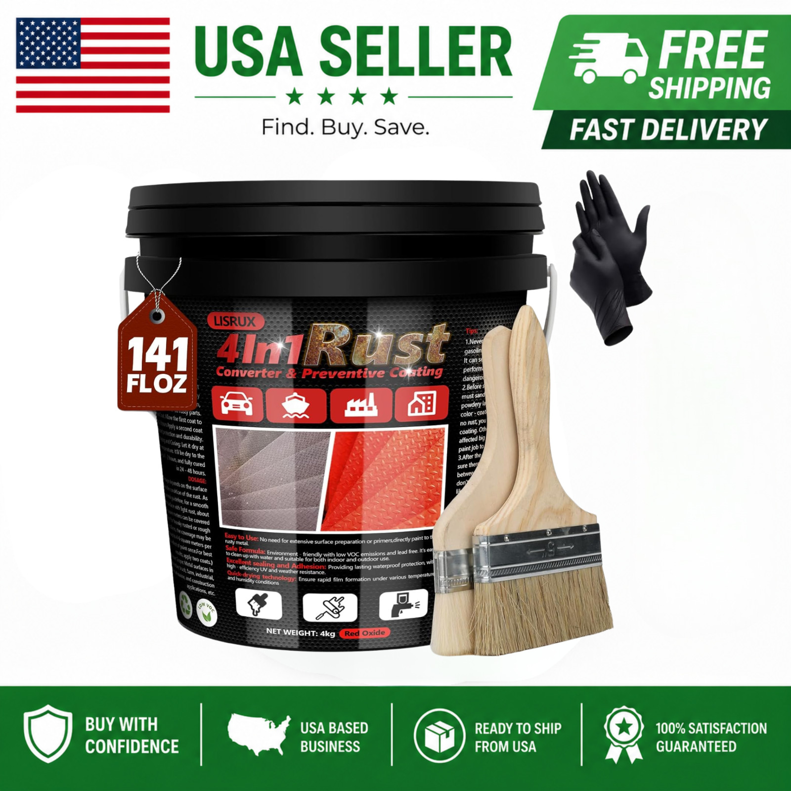 Rust Converter & Metal Primer, 141 Fl Oz Black Rust Inhibitor Paint for Metal…
