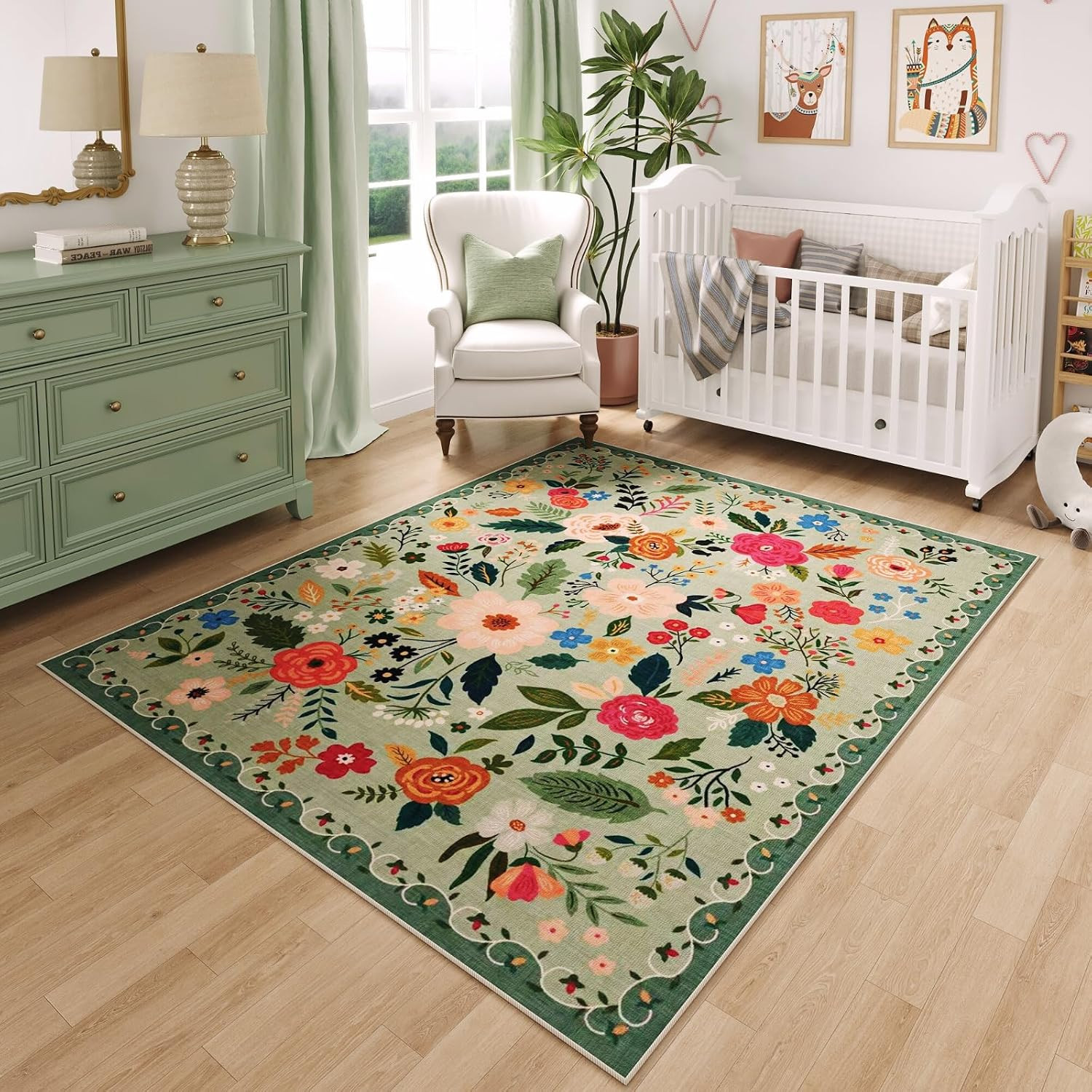 Area Rug 4X6 Rug Washable Boho Rugs Non Slip Low Pile Floral Small