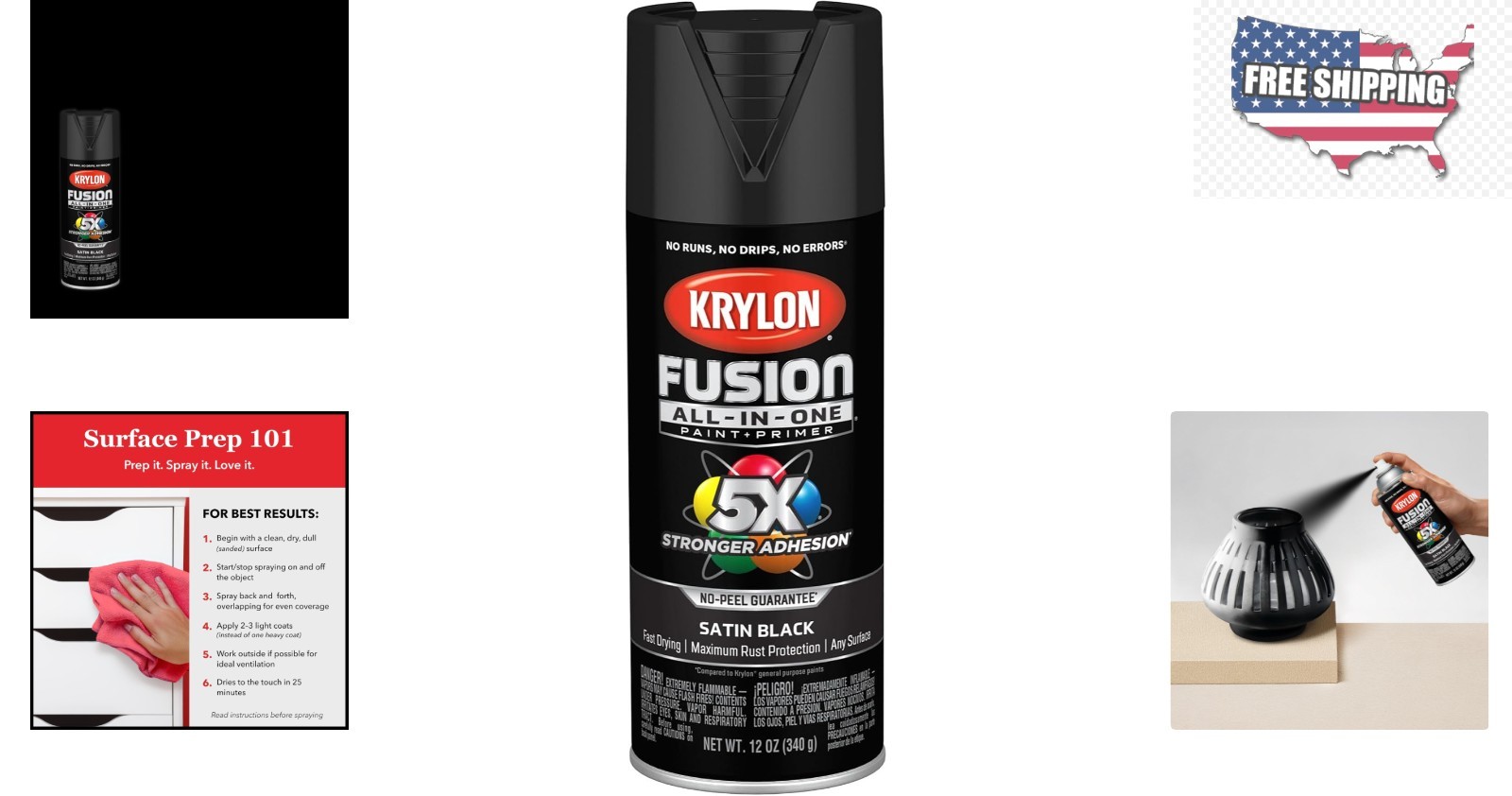 Fast-Drying All-in-One Adhesive Spray Paint, 12oz for Every Surface – Black