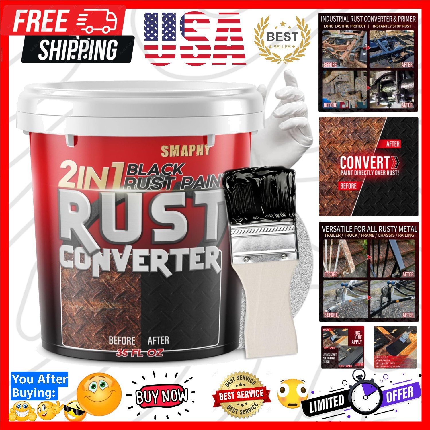 2 in 1 Rust Converter & Metal Primer, 35 oz Black Rust Reformer Paint for Met…