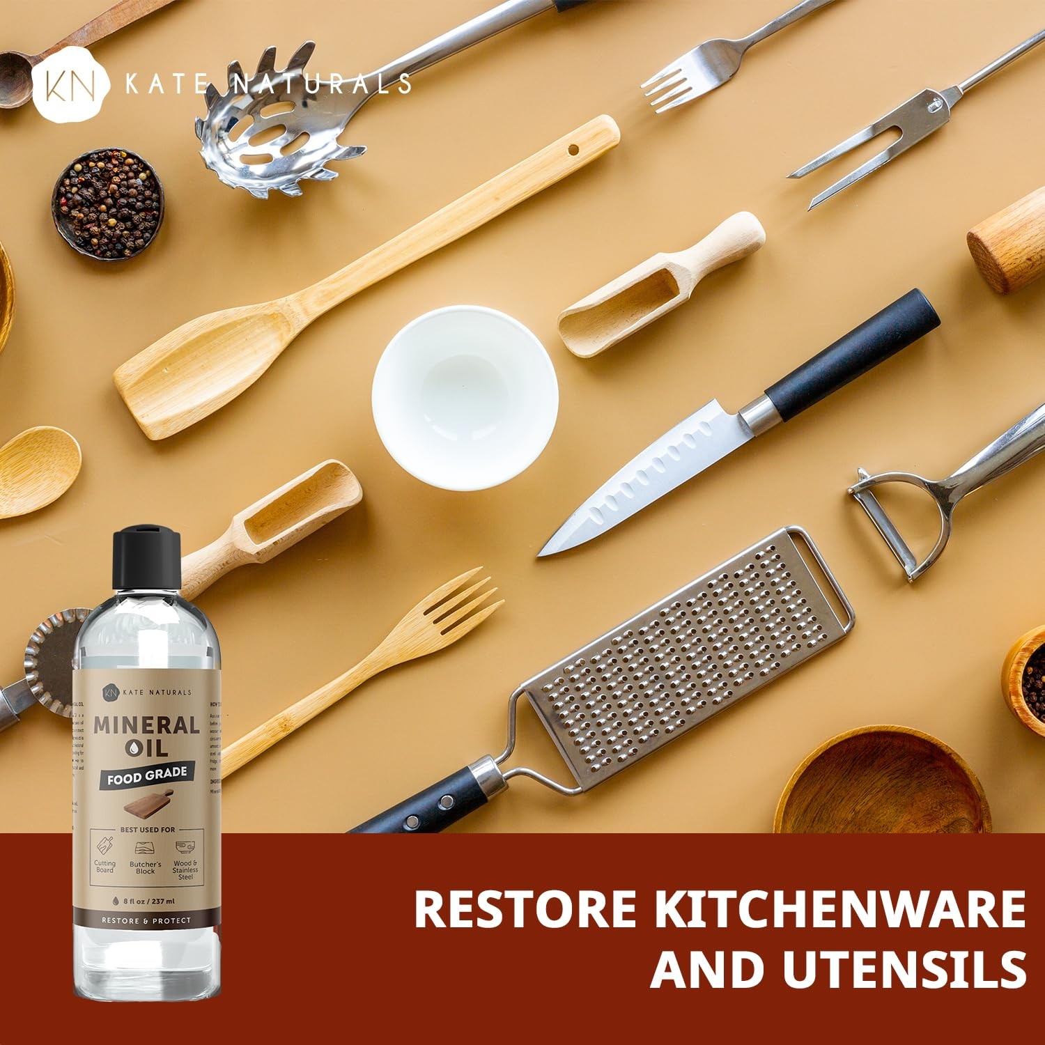 Kate Naturals Mineral Oil for Wood Cutting Board, Butcher 8 fl oz, Clear