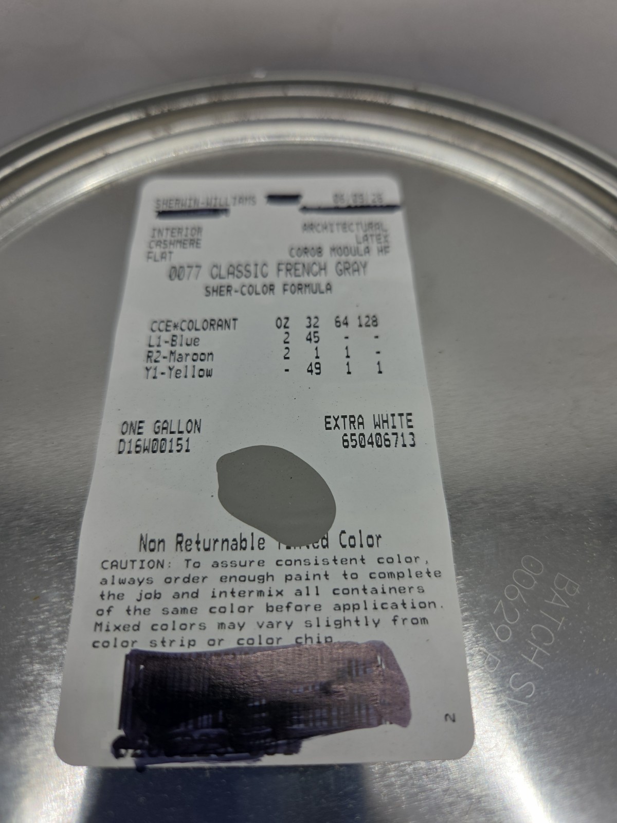 1 Gallon Sherwin Williams Cashmere Interior Flat Color 0077 Classic French Gray