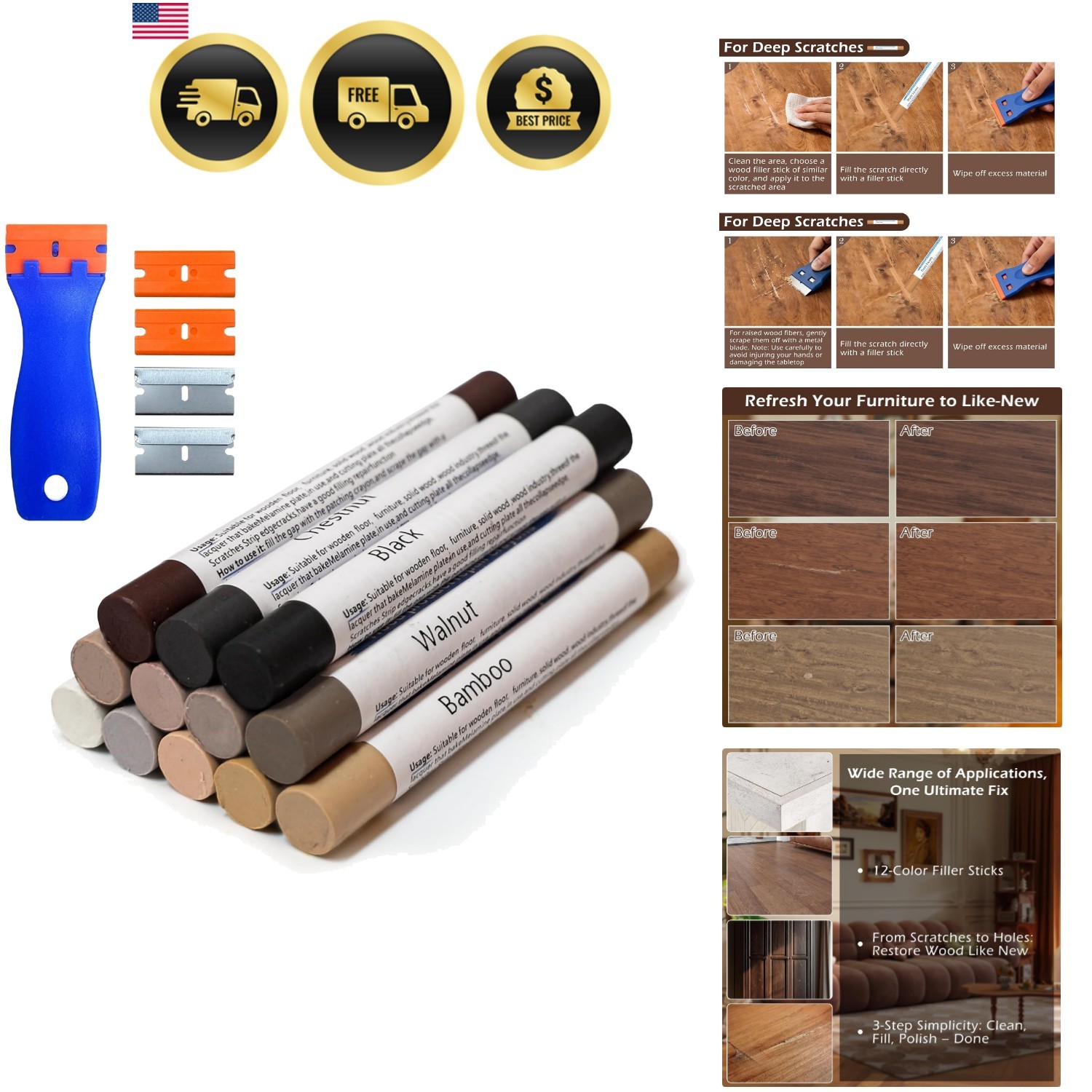 Wood Furniture Filler Sticks: 12-Color Wood Repair Wax Crayons with Scraper f…