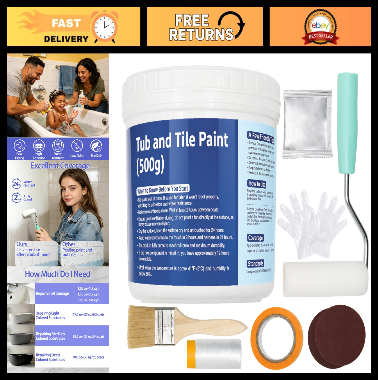 Tile Refinishing Kit 17.6oz – White Water-Based Paint for Bathtub, Sink & Counte