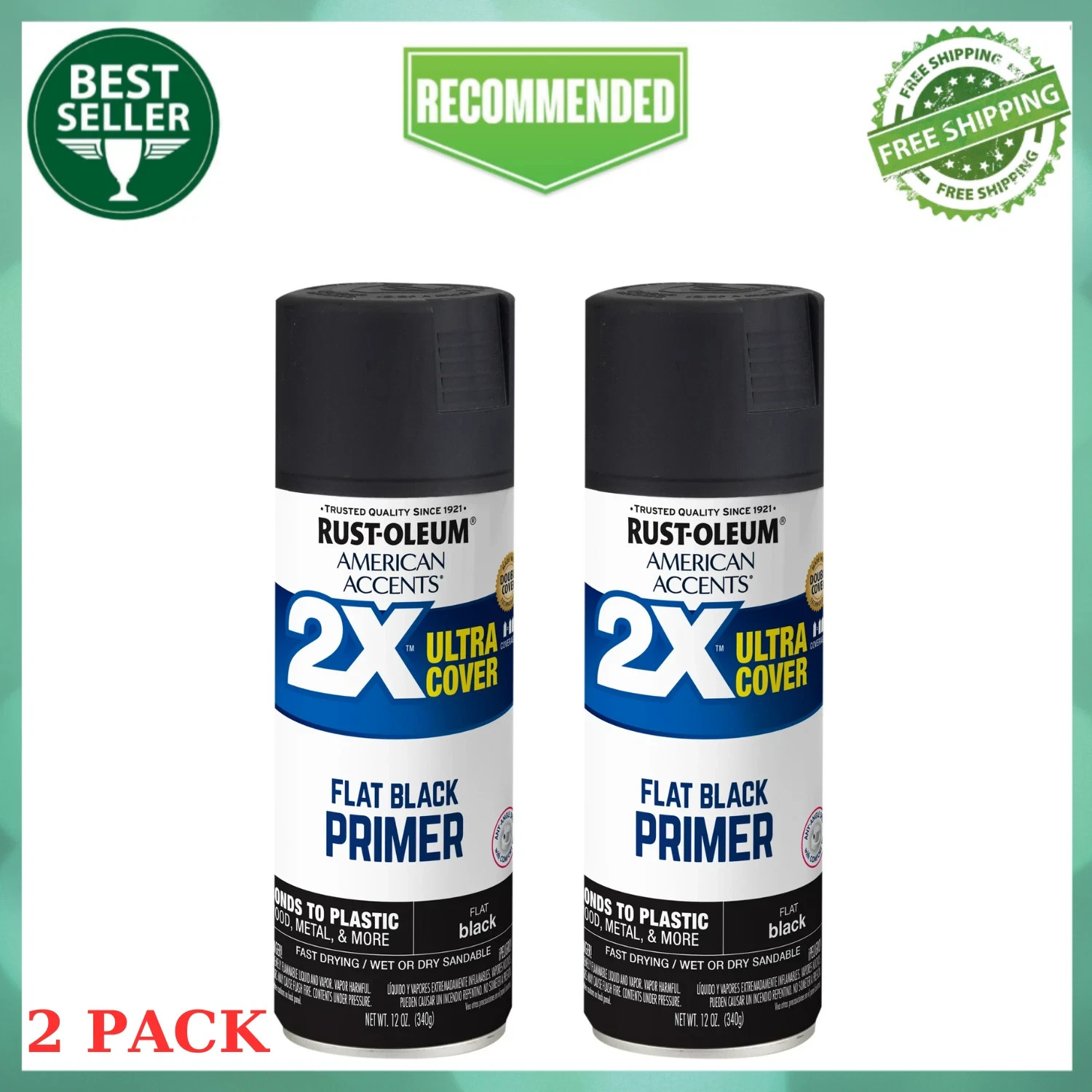 (2 Pack) Black Primer, American Accents 2X Ultra Cover Flat Spray Paint – 12 oz