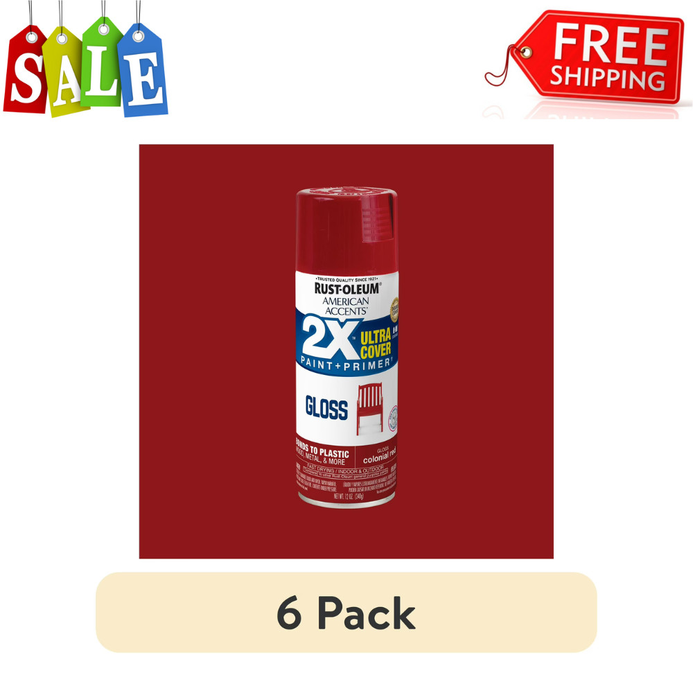 6 Pack Rust-Oleum 2X Spray Paint, Colonial Red Gloss Ultra Cover, 12oz, 327877