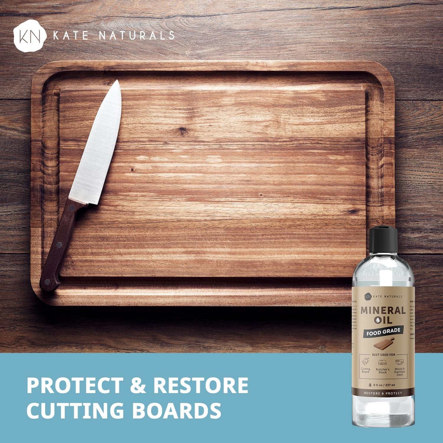 Kate Naturals Mineral Oil for Wood Cutting Board, Butcher 8 fl oz, Clear
